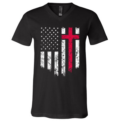 Vintage Distressed USA Flag Cross Christian Faith V-Neck T-Shirt