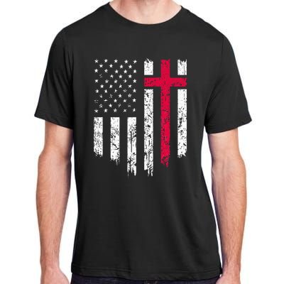 Vintage Distressed USA Flag Cross Christian Faith Adult ChromaSoft Performance T-Shirt