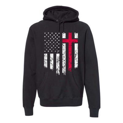 Vintage Distressed USA Flag Cross Christian Faith Premium Hoodie