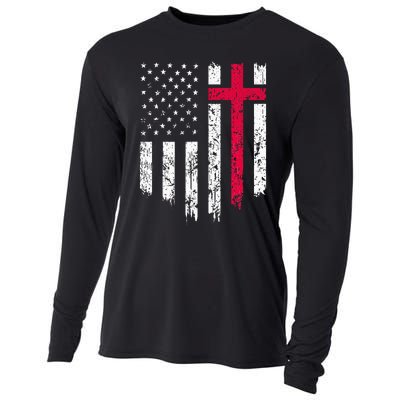 Vintage Distressed USA Flag Cross Christian Faith Cooling Performance Long Sleeve Crew