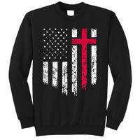 Vintage Distressed USA Flag Cross Christian Faith Tall Sweatshirt