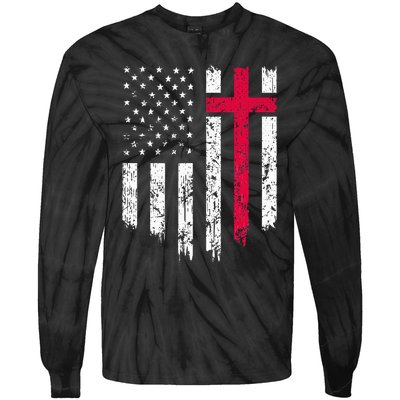 Vintage Distressed USA Flag Cross Christian Faith Tie-Dye Long Sleeve Shirt