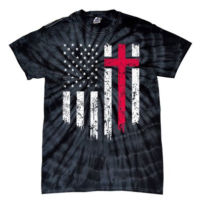 Vintage Distressed USA Flag Cross Christian Faith Tie-Dye T-Shirt