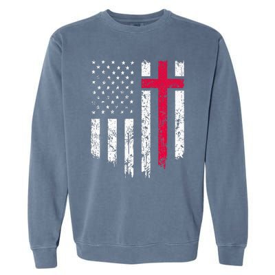 Vintage Distressed USA Flag Cross Christian Faith Garment-Dyed Sweatshirt