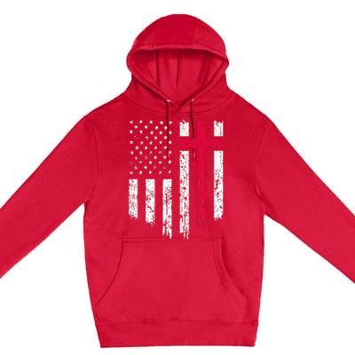 Vintage Distressed USA Flag Cross Christian Faith Premium Pullover Hoodie