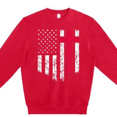 Vintage Distressed USA Flag Cross Christian Faith Premium Crewneck Sweatshirt