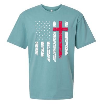 Vintage Distressed USA Flag Cross Christian Faith Sueded Cloud Jersey T-Shirt