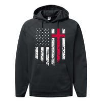 Vintage Distressed Usa Flag Cross Christian Faith Gift Performance Fleece Hoodie