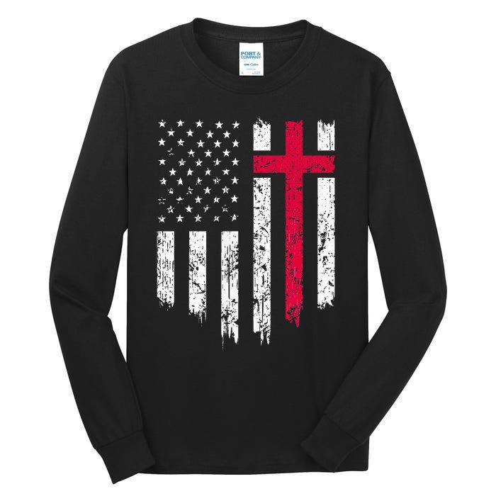 Vintage Distressed Usa Flag Cross Christian Faith Gift Tall Long Sleeve T-Shirt