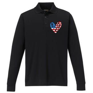 Veterans Day USA Flag Partiotic Heart Performance Long Sleeve Polo