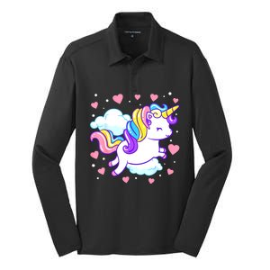 Valentines Day Unicorn Hearts Rainbow Toddlers Teacher Silk Touch Performance Long Sleeve Polo