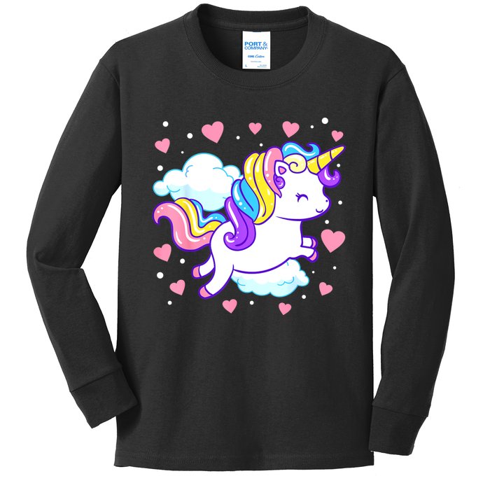 Valentines Day Unicorn Hearts Rainbow Toddlers Teacher Kids Long Sleeve Shirt