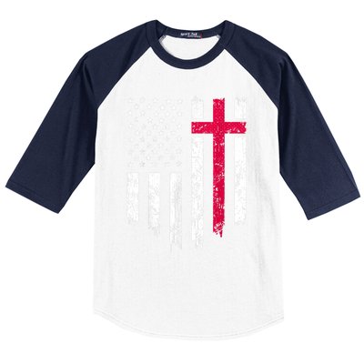 Vintage Distressed USA Flag Cross Christian Faith Gift Baseball Sleeve Shirt