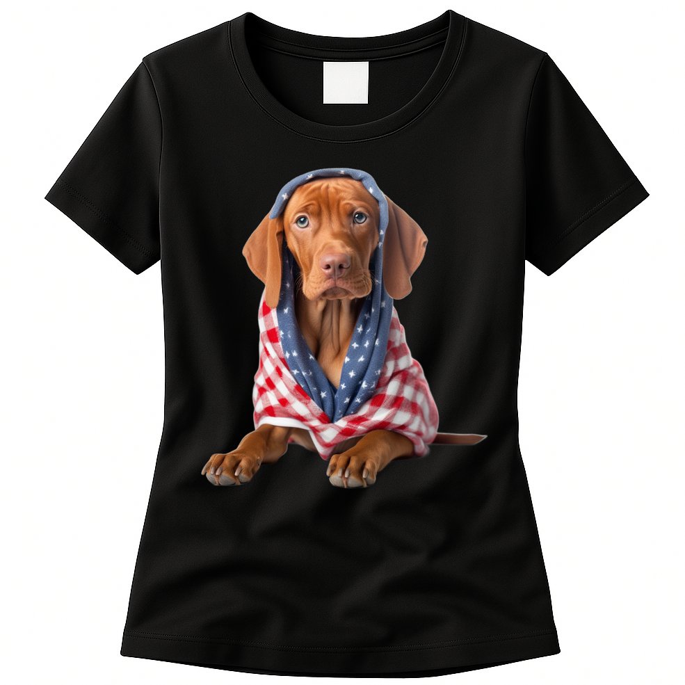 Vizsla Dog USA Flag American Patriotic Dogs 4th Of July Womens T-Shirt