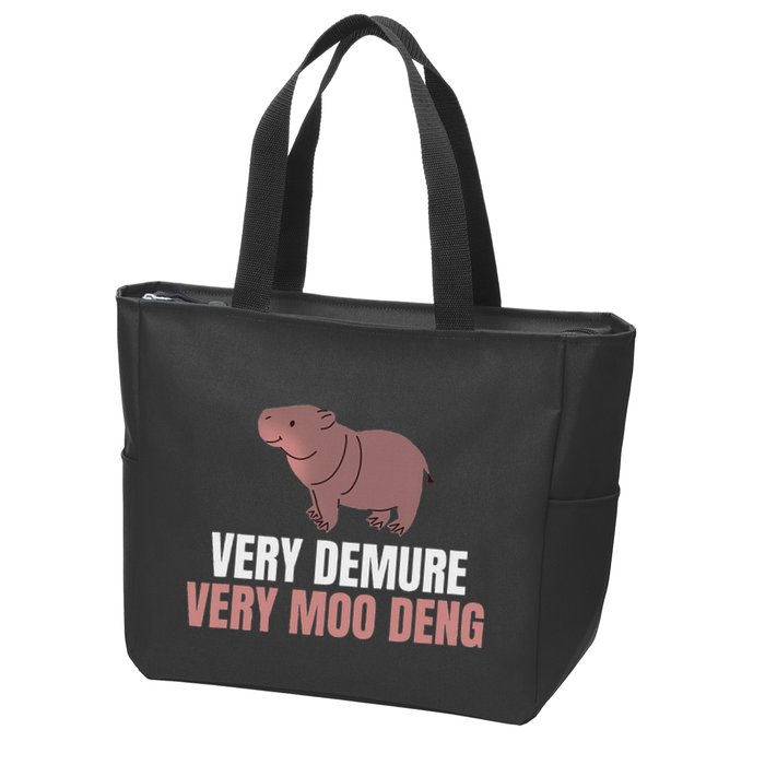 Very Demure Very Moo Deng Pygmy Baby Hippo Mu Deng Zip Tote Bag