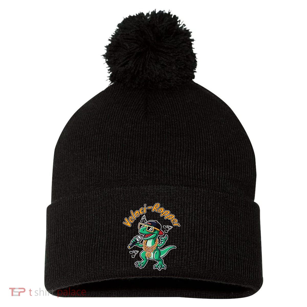 Velocirapper Dinosaur Velociraptor Rapping Pom Pom 12in Knit Beanie