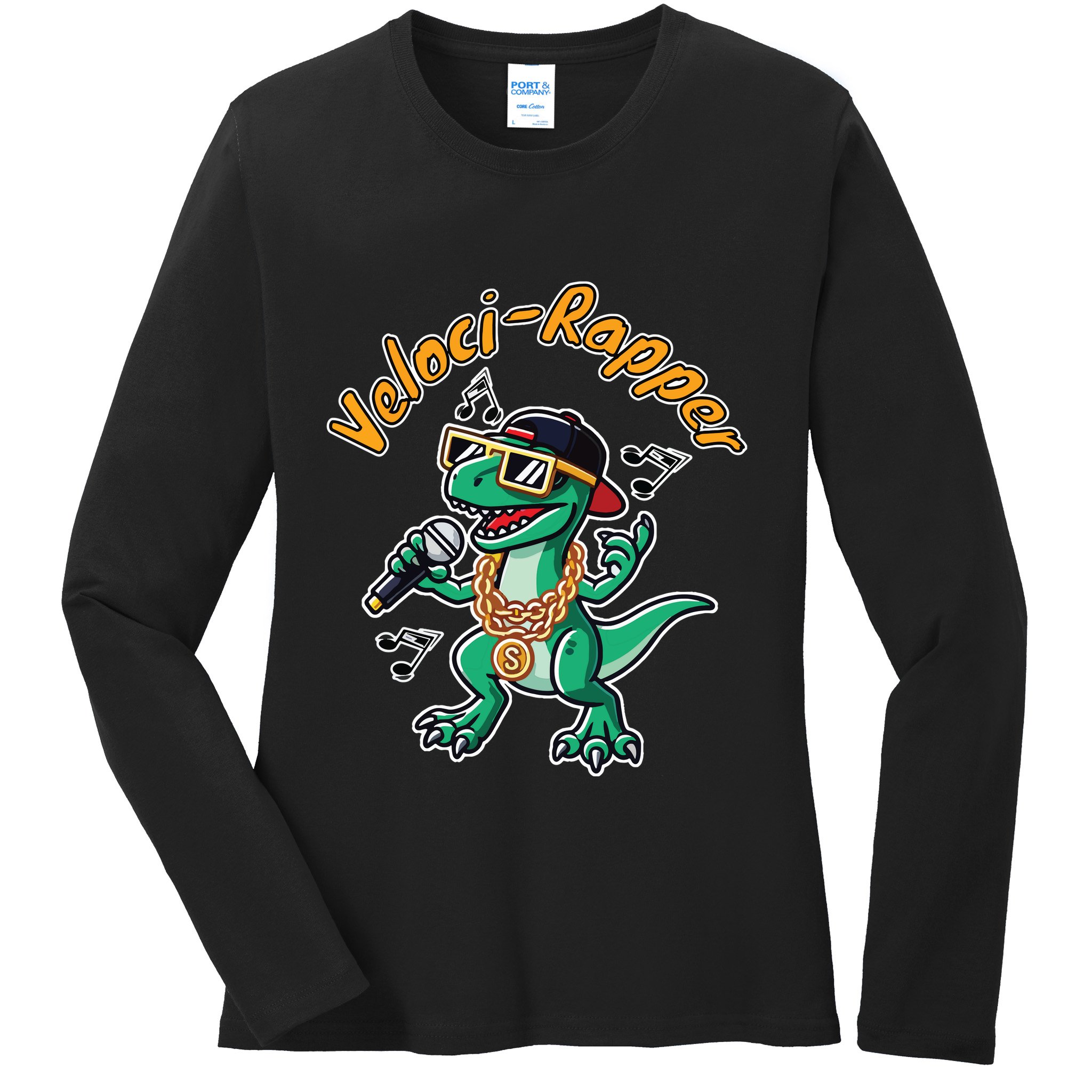 Velocirapper Dinosaur Velociraptor Rapping Ladies Long Sleeve Shirt
