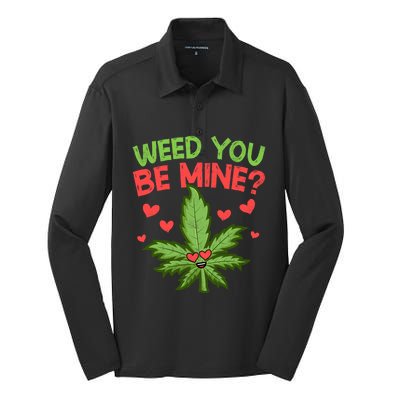 Valentine's Day Weed You Be Mine Cute Weed Marijuana Hearts Funny Gift Silk Touch Performance Long Sleeve Polo