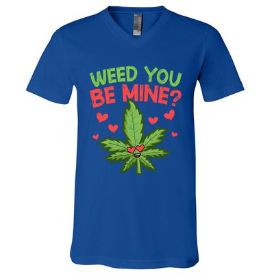 Valentine's Day Weed You Be Mine Cute Weed Marijuana Hearts Funny Gift V-Neck T-Shirt