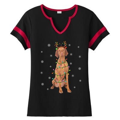 Vizsla Dog Xmas Lighting Reindeer Hat Vizsla Christmas Gift Ladies Halftime Notch Neck Tee