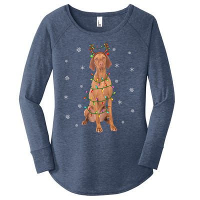 Vizsla Dog Xmas Lighting Reindeer Hat Vizsla Christmas Gift Women's Perfect Tri Tunic Long Sleeve Shirt