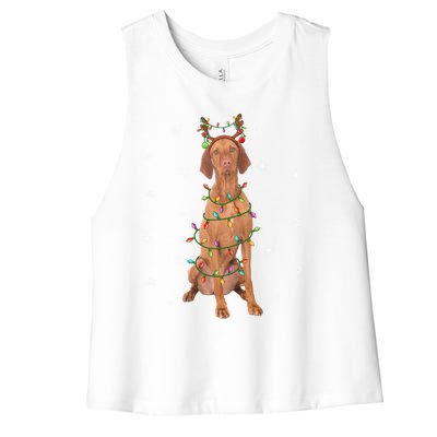 Vizsla Dog Xmas Lighting Reindeer Hat Vizsla Christmas Gift Women's Racerback Cropped Tank