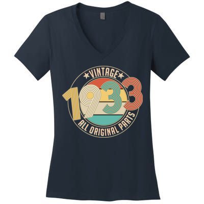 Vintage Emblem All Original Parts 1933 90th Birthday Women's V-Neck T-Shirt