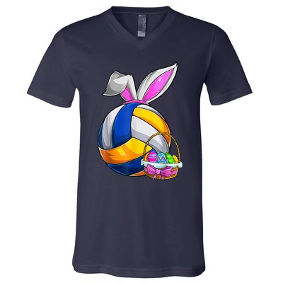 Volleyball Easter Bunny Ears Easter Eggs Hunting Basket V-Neck T-Shirt