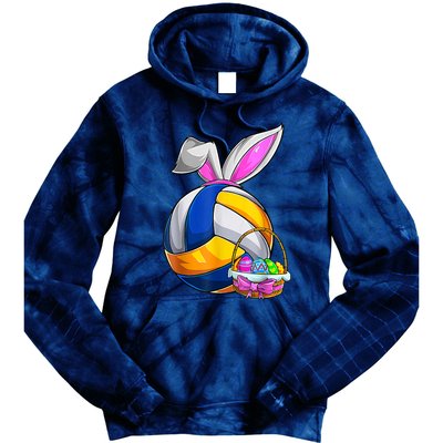 Volleyball Easter Bunny Ears Easter Eggs Hunting Basket Tie Dye Hoodie