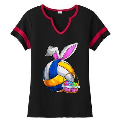 Volleyball Easter Bunny Ears Easter Eggs Hunting Basket Ladies Halftime Notch Neck Tee