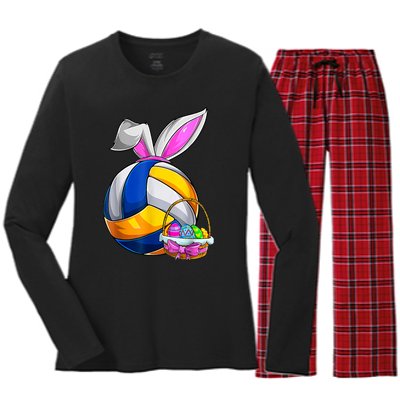 Volleyball Easter Bunny Ears Easter Eggs Hunting Basket Women's Long Sleeve Flannel Pajama Set 