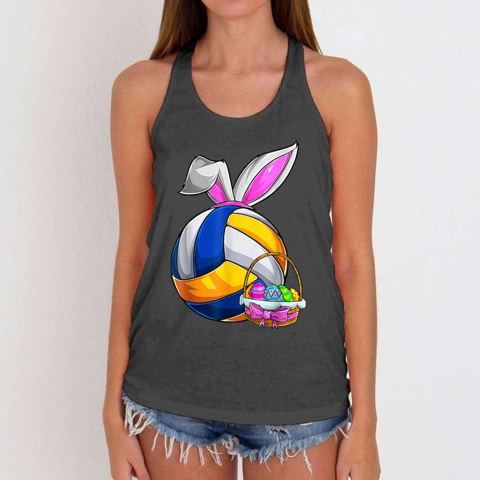 Volleyball Easter Bunny Ears Easter Eggs Hunting Basket Women's Knotted Racerback Tank