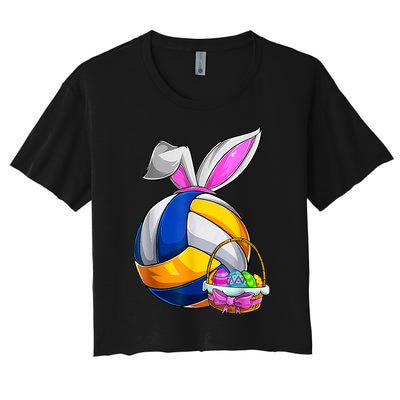 Volleyball Easter Bunny Ears Easter Eggs Hunting Basket Women's Crop Top Tee