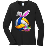 Volleyball Easter Bunny Ears Easter Eggs Hunting Basket Ladies Long Sleeve Shirt