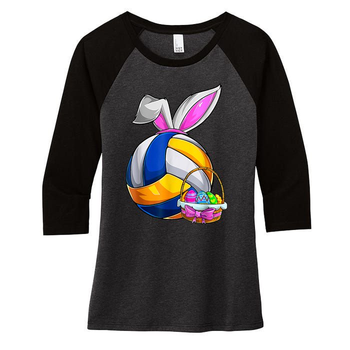 Volleyball Easter Bunny Ears Easter Eggs Hunting Basket Women's Tri-Blend 3/4-Sleeve Raglan Shirt