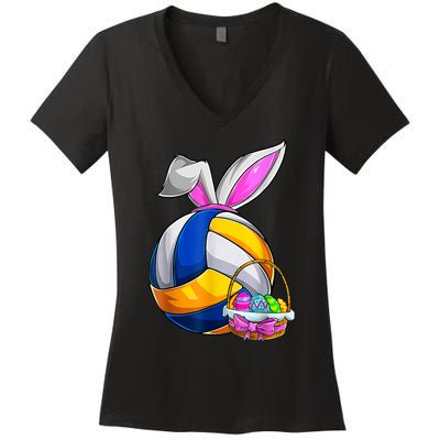 Volleyball Easter Bunny Ears Easter Eggs Hunting Basket Women's V-Neck T-Shirt