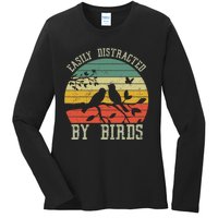 Vintage Easily Distracted By Birds Funny For Bird Watcher Ladies Long Sleeve Shirt