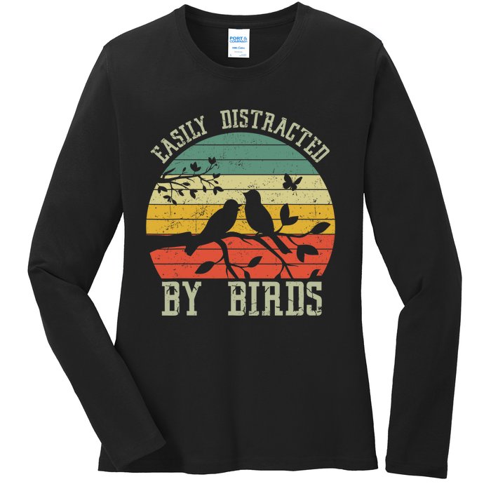 Vintage Easily Distracted By Birds Funny For Bird Watcher Ladies Long Sleeve Shirt