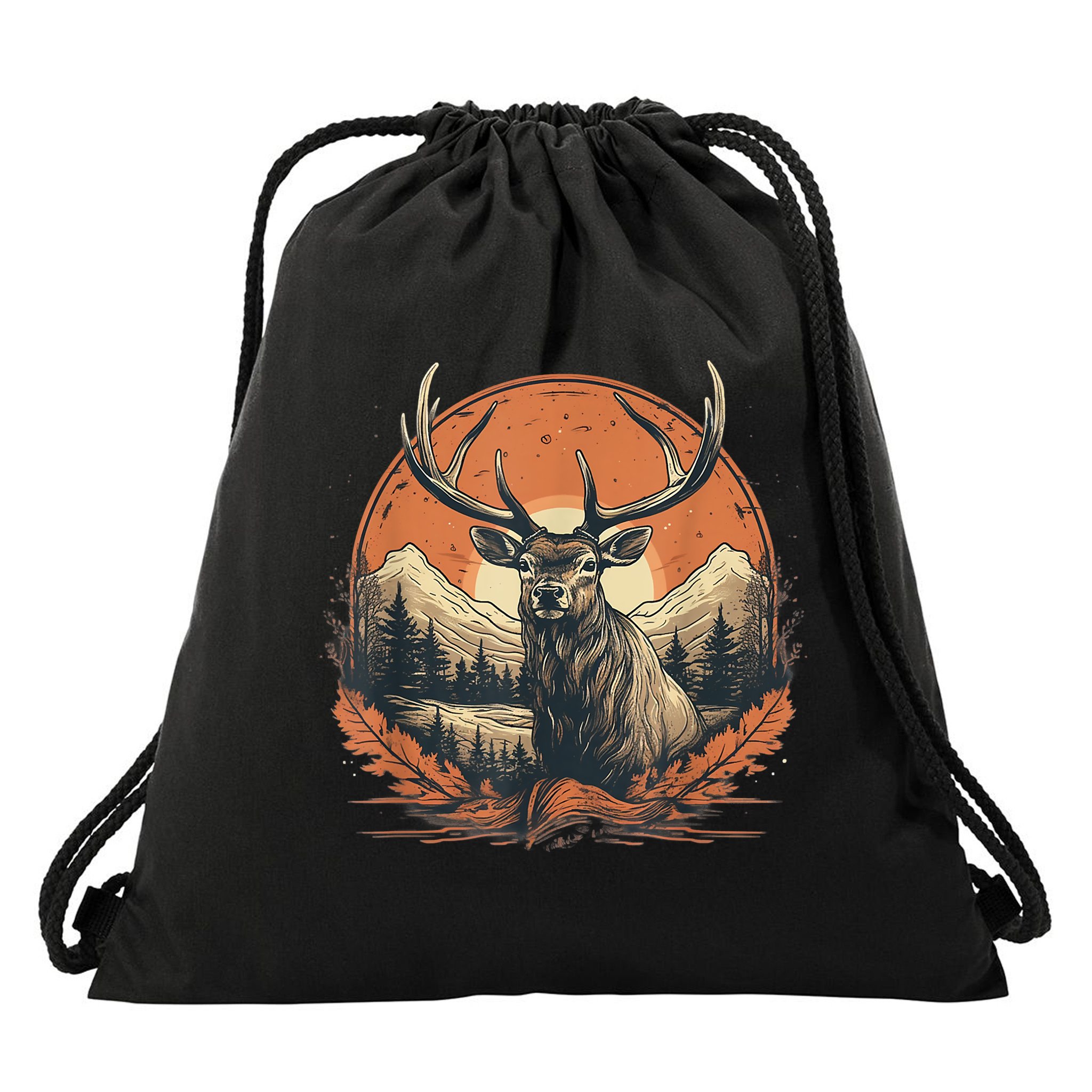Vintage Elk Design With Sunset Background For Retro Lovers Drawstring Bag