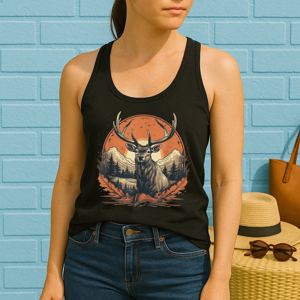 Vintage Elk Design With Sunset Background For Retro Lovers Womens Tank Top