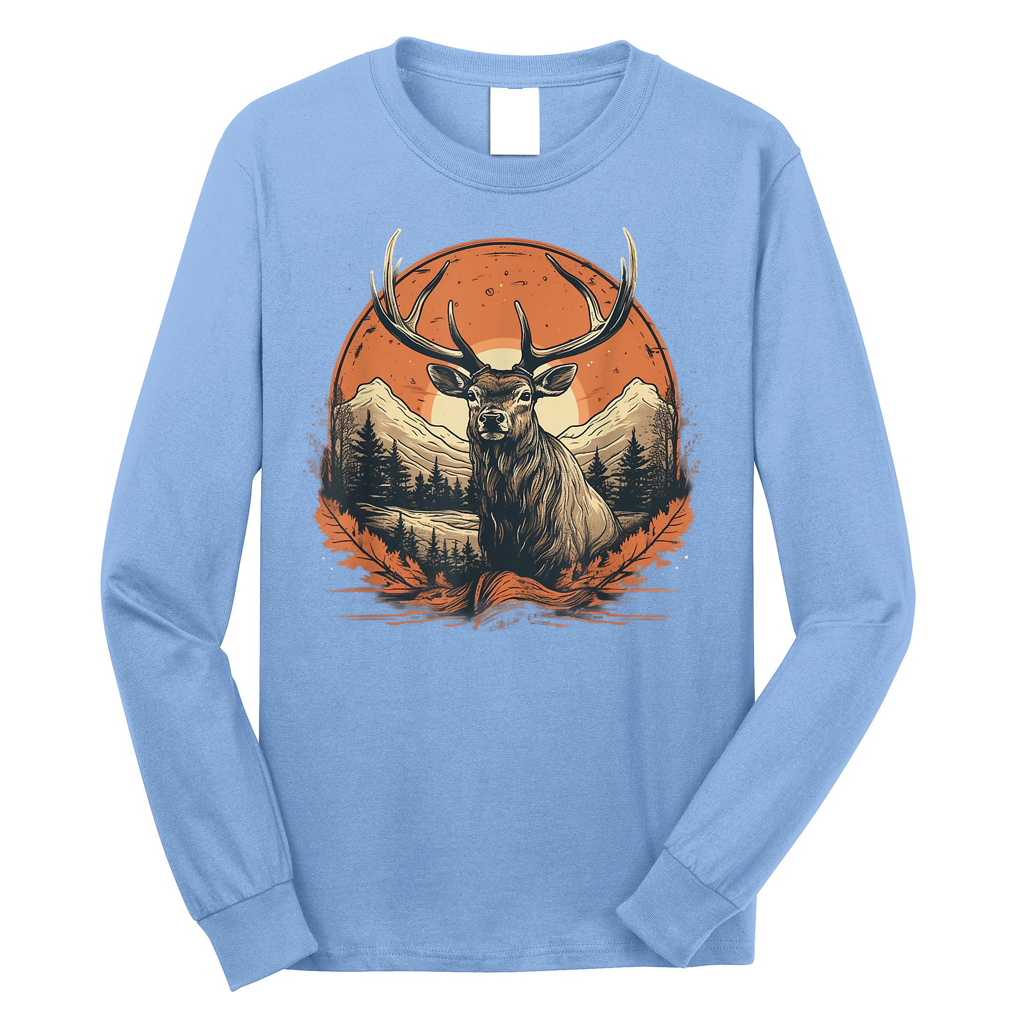 Vintage Elk Design With Sunset Background For Retro Lovers Long Sleeve Shirt