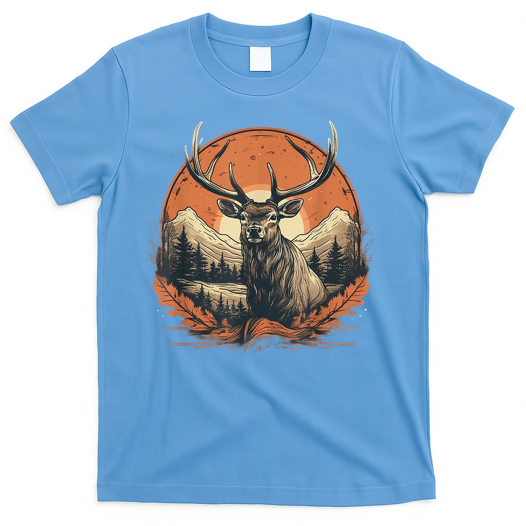 Vintage Elk Design With Sunset Background For Retro Lovers T-Shirt