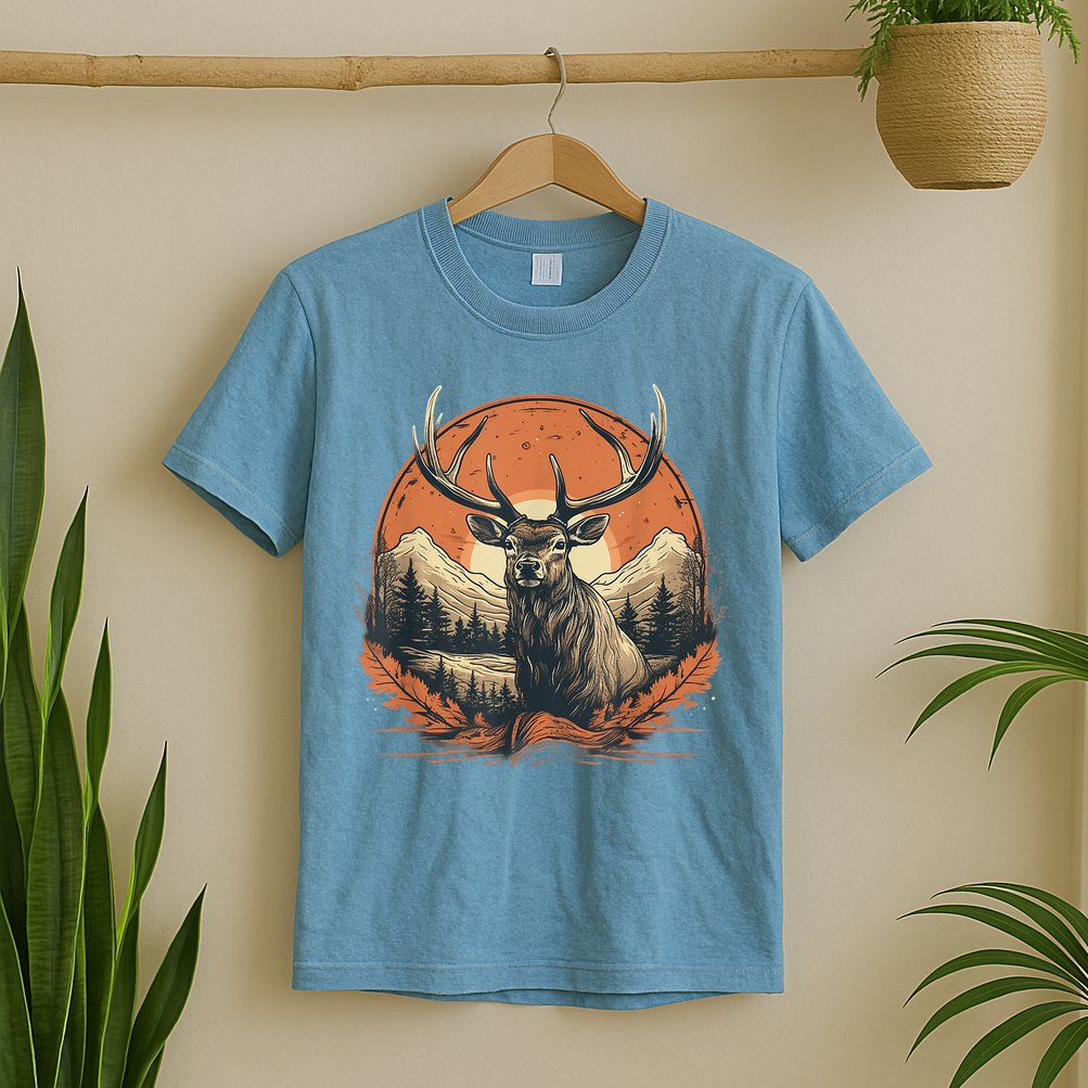 Vintage Elk Design With Sunset Background For Retro Lovers T-Shirt