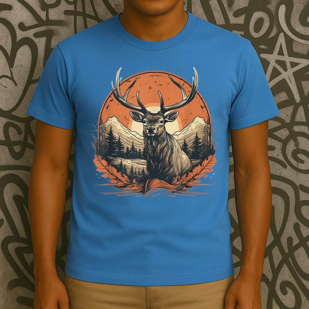 Vintage Elk Design With Sunset Background For Retro Lovers T-Shirt