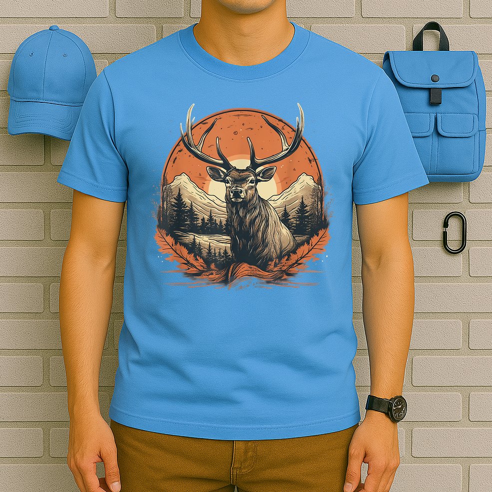 Vintage Elk Design With Sunset Background For Retro Lovers T-Shirt