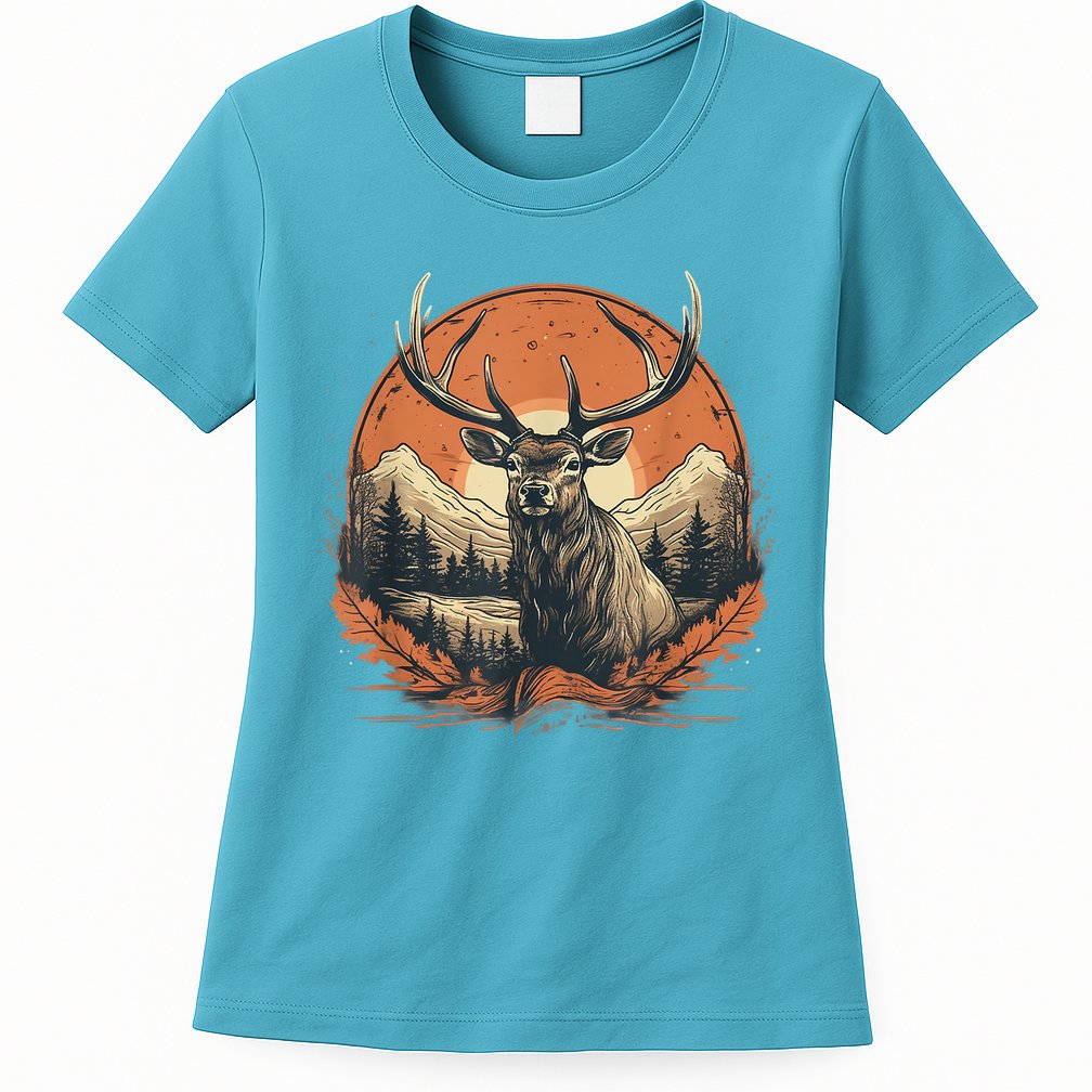Vintage Elk Design With Sunset Background For Retro Lovers Womens T-Shirt