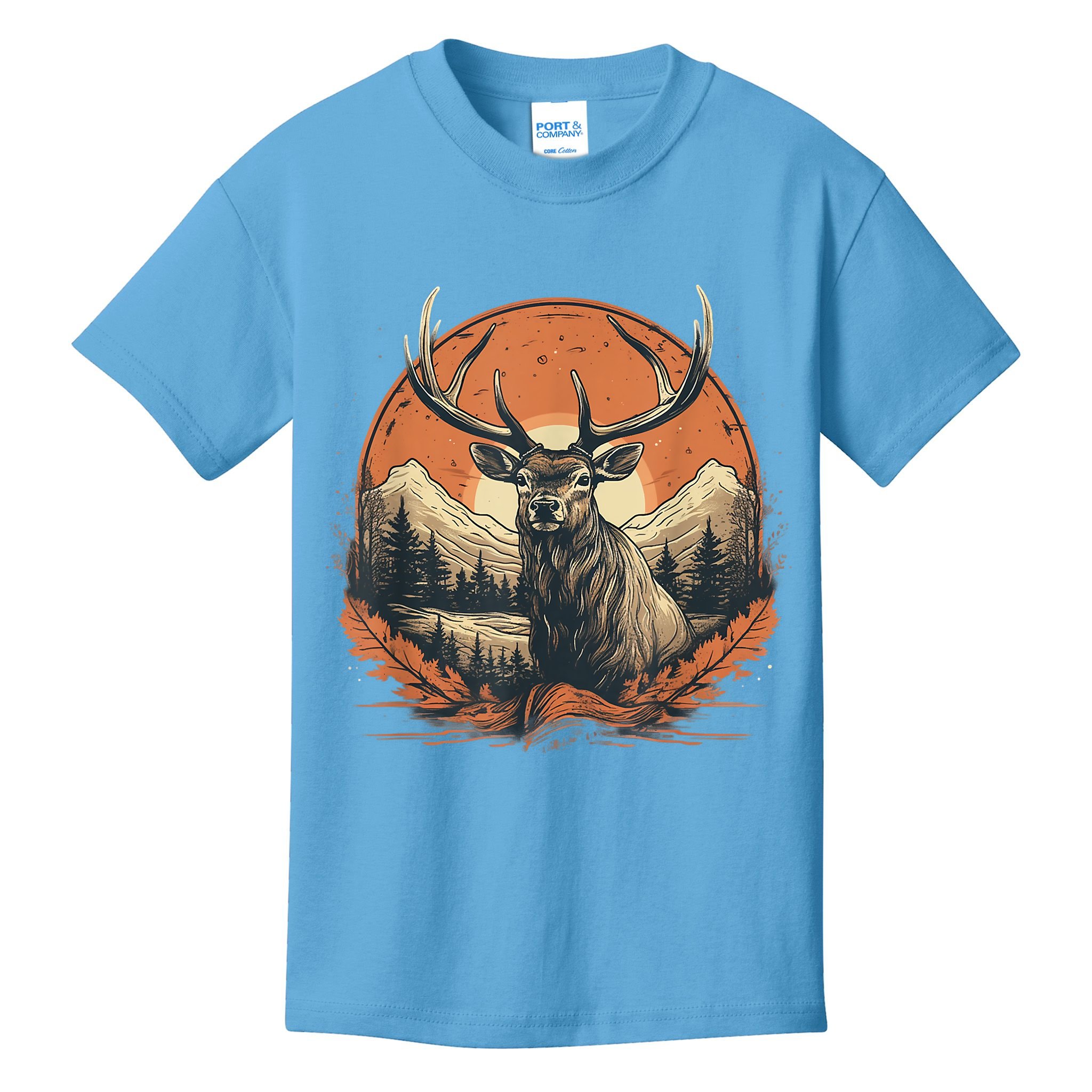 Vintage Elk Design With Sunset Background For Retro Lovers Kids T-Shirt