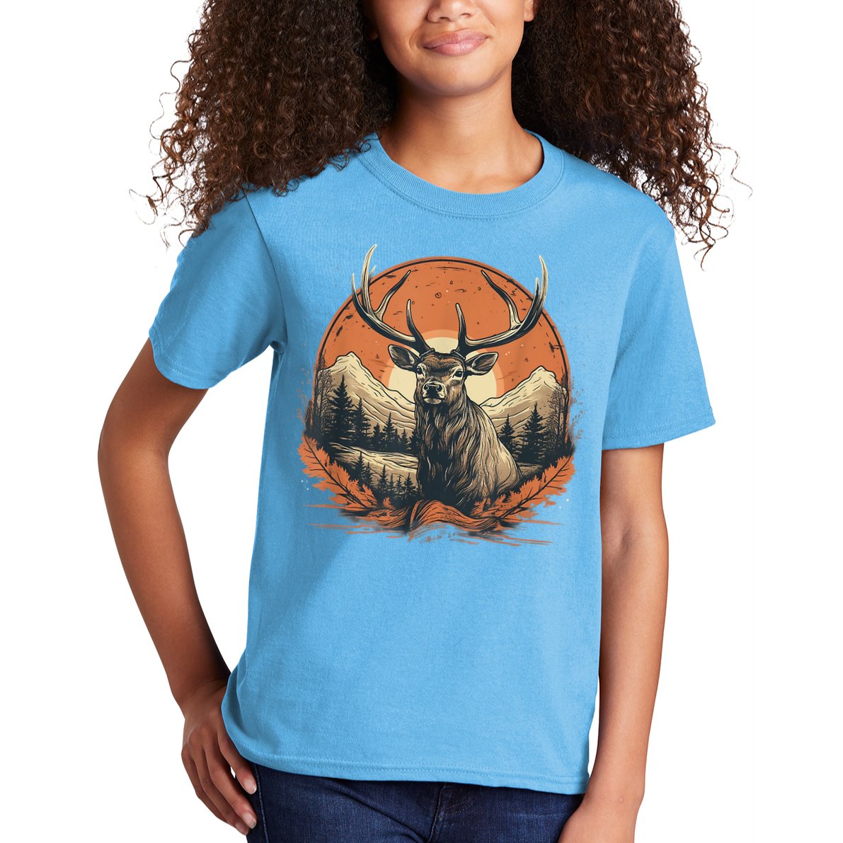 Vintage Elk Design With Sunset Background For Retro Lovers Kids T-Shirt