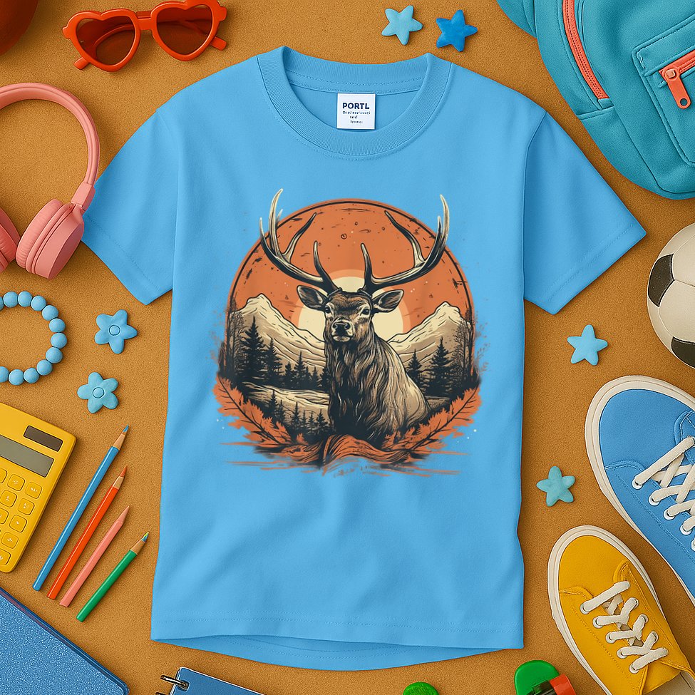 Vintage Elk Design With Sunset Background For Retro Lovers Kids T-Shirt