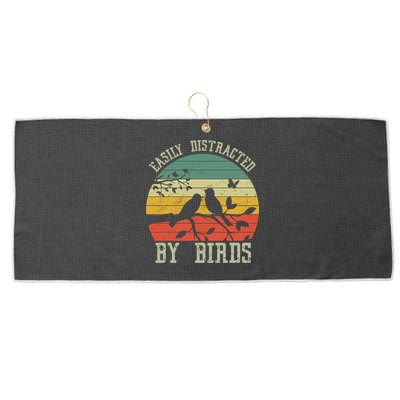 Vintage Easily Distracted By Birds Funny For Bird Watcher Large Microfiber Waffle Golf Towel